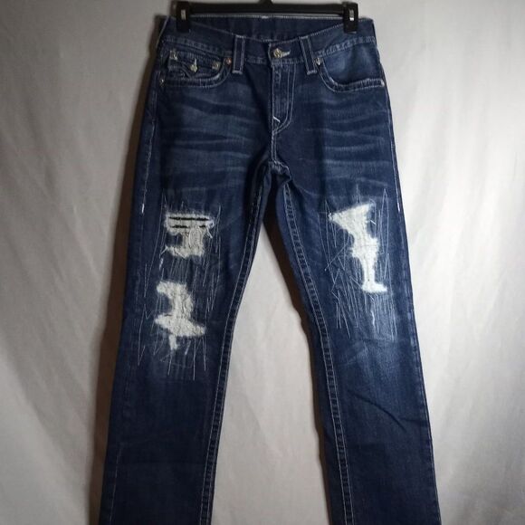 True Religion Slim Men's Distressed Dark Wash Denim Jeans Size 32x33